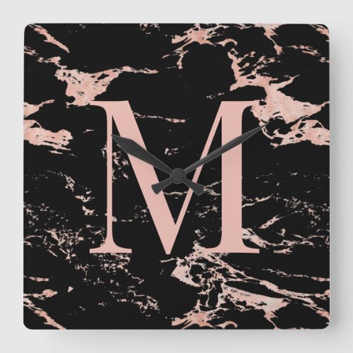 Chic Black Marble Rose Gold Foil Monogram Square Wall Clock