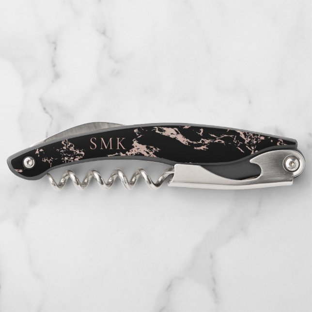 Chic Black Marble Rose Gold Foil Monogram Waiter's Corkscrew (Back)