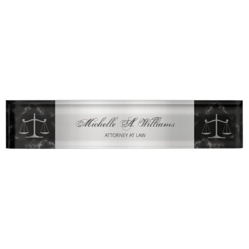 Chic Black Marble Silver Scales of Justice Lawyer Desk Name Plate