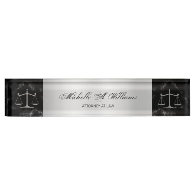 Chic Black Marble Silver Scales of Justice Lawyer Desk Name Plate (Front)