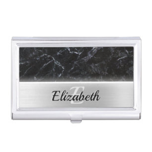 Chic Black Marble Texture Faux silver Metal Steel Business Card Case