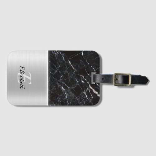 Chic Black Marble Texture Faux silver Metal Steel Luggage Tag