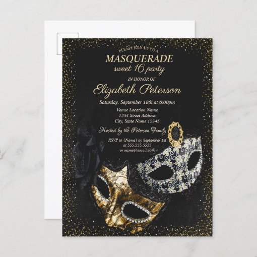 Chic Black Masquerade Masque Confetti Sweet 16 Invitation Postcard