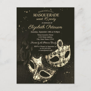 Chic Black Masquerade, Masque Sweet 16 Invitation Postcard
