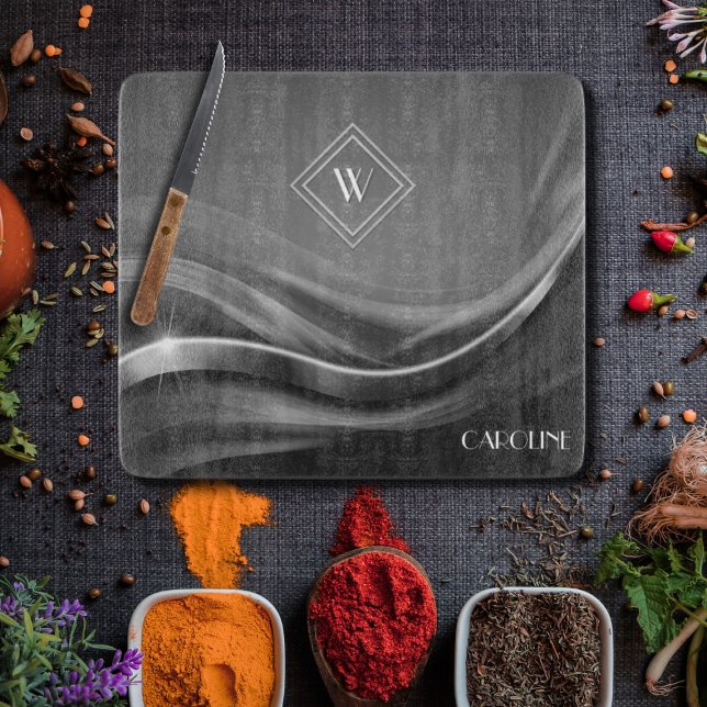 Chic Black Metallic Luxury Monogram Cutting Board (Creator Uploaded)