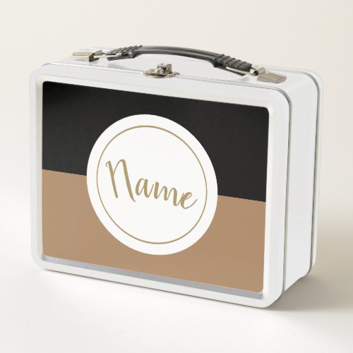 Chic Black Mocha Brown Color Block Text Circle Metal Lunch Box