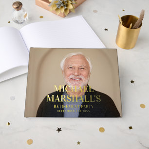 CHIC BLACK MONOGRAM RETIREMENT PHOTO FOIL GUEST BOOK