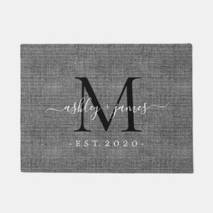 Chic Black Monogram Script Names Year Gray Linen Doormat