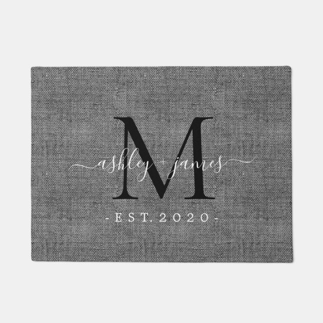 Chic Black Monogram Script Names Year Gray Linen Doormat (Front)