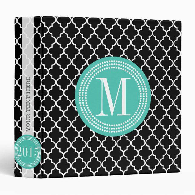Chic Black Moroccan Lattice Personalized 3 Ring Binder (Front/Spine)
