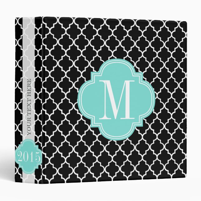 Chic Black Moroccan Lattice Personalized 3 Ring Binder (Front/Spine)
