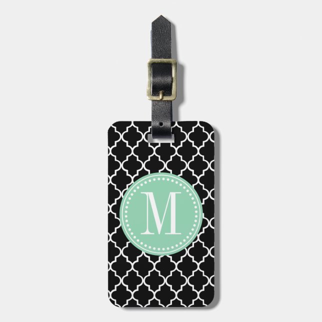 Chic Black Moroccan Lattice Personalized Luggage Tag (Front Vertical)