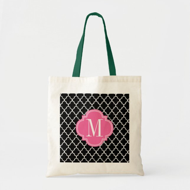 Chic Black Moroccan Lattice Personalized Tote Bag (Front)