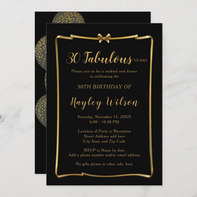 Chic Black n Gold Bow Frame Female's Birthday Invitation (Front/Back)