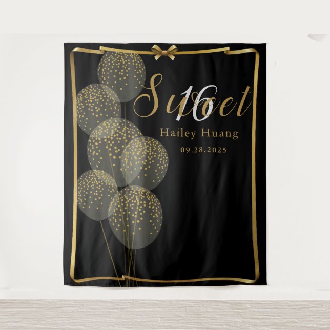 Chic Black n Gold Sweet 16 Birthday Photo Backdrop (Front)