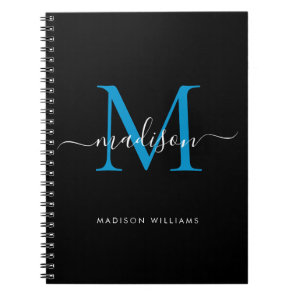 Chic Black Ocean Blue Monogram Script Name Initial Notebook