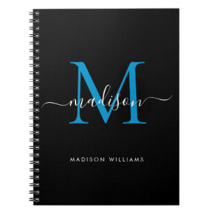 Chic Black Ocean Blue Monogram Script Name Initial Notebook