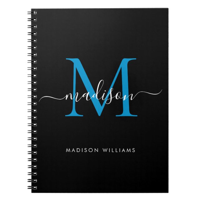 Chic Black Ocean Blue Monogram Script Name Initial Notebook (Front)
