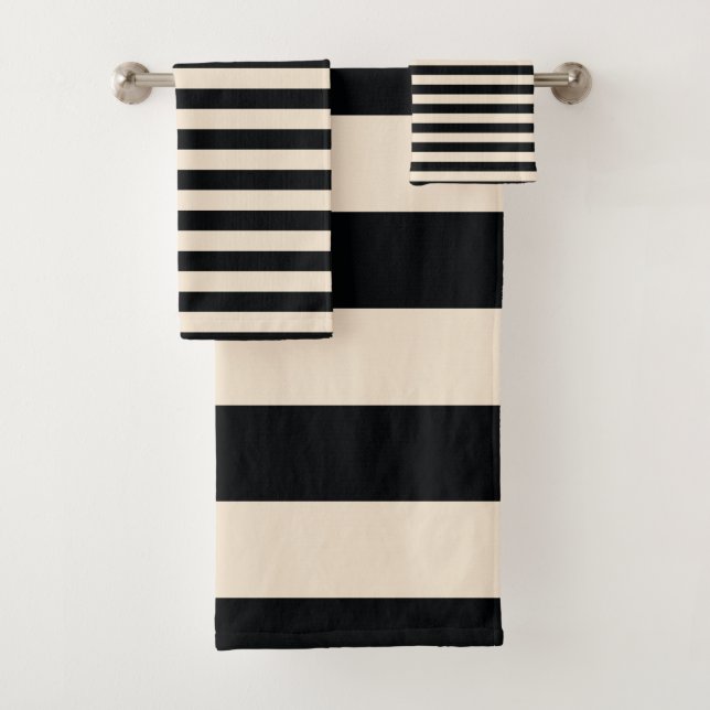 Chic Black Off-White Striped pattern Bath Towel Set (Insitu)