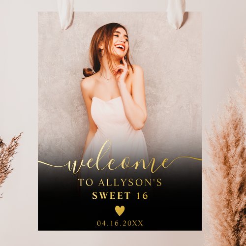 Chic black ombre photo Sweet 16 welcome Foil Prints