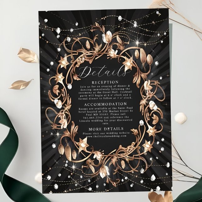 Chic Black Ornate Golden Leaves Wedding Enclosure Card (Creator Uploaded)