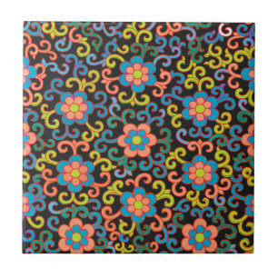 Chic Black Pattern with Colorful Floral Ceramic Tile