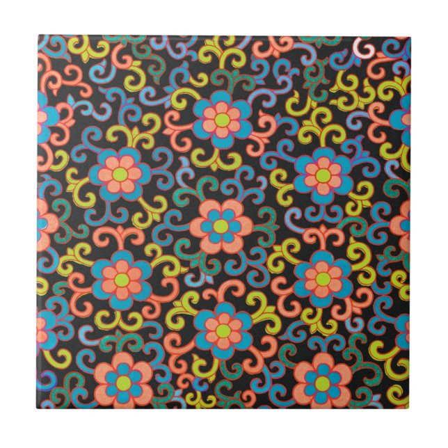 Chic Black Pattern with Colorful Floral  Ceramic Tile (Front)