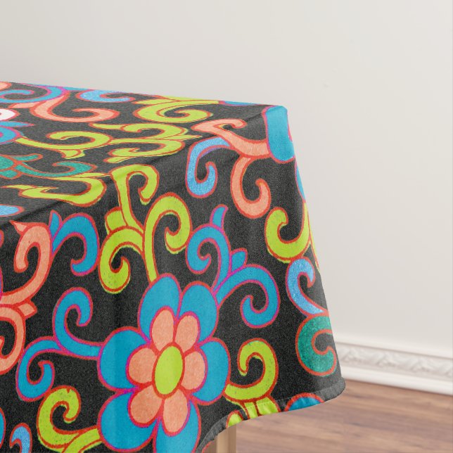 Chic Black Pattern with Colorful Floral  Tablecloth (In Situ)