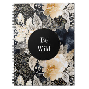 Chic Black Peach White Floral Leopard Animal Notebook