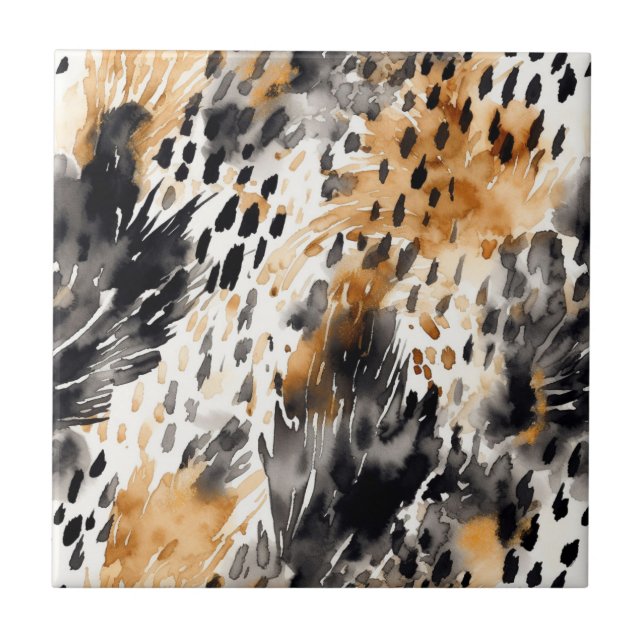 Chic Black Peach White Leopard Animal Print Ceramic Tile (Front)