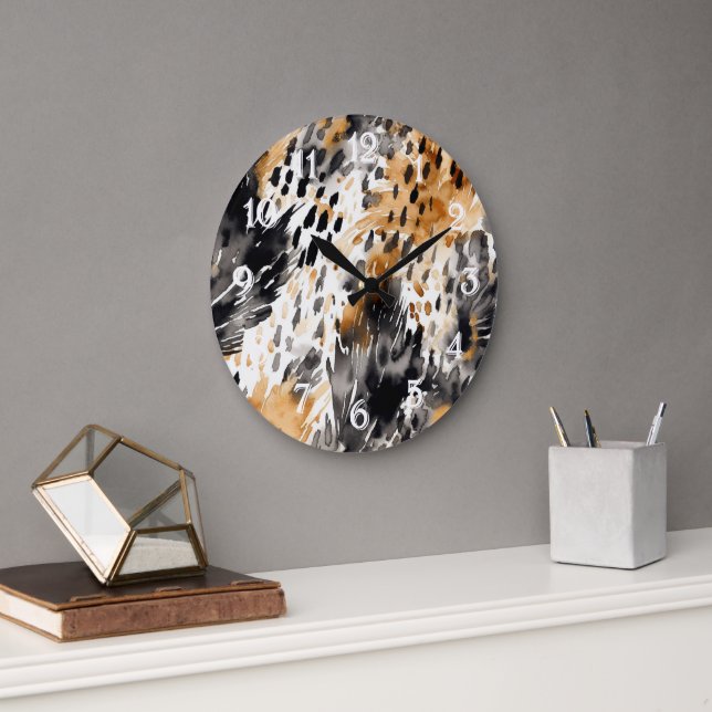 Chic Black Peach White Leopard Animal Print Large Clock (Office)