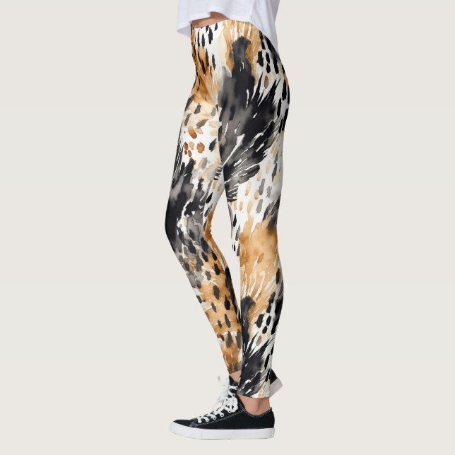 Chic Black Peach White Leopard Animal Print Leggings (Left)