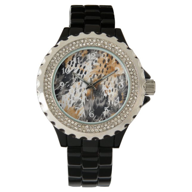 Chic Black Peach White Leopard Animal Print Watch (Front)