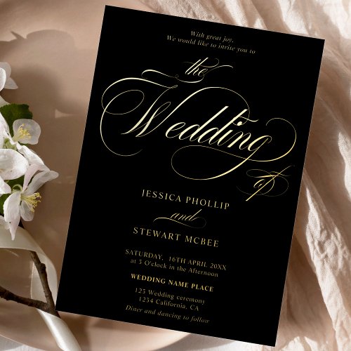 Chic black photo calligraphy wedding foil invitation