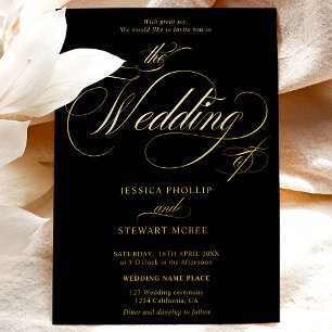 Chic black photo calligraphy wedding gold foil invitation
