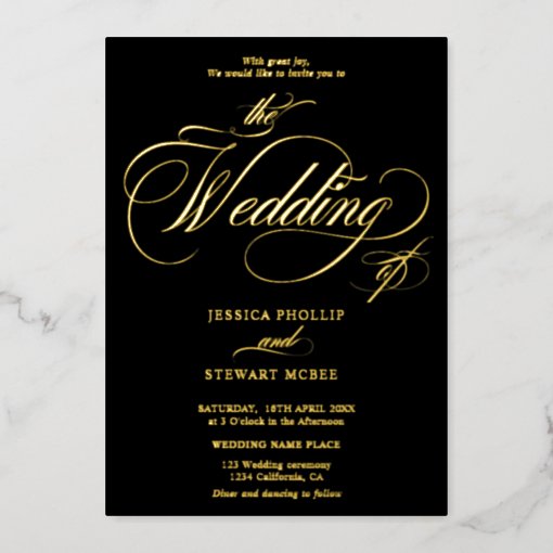 Chic black photo calligraphy wedding gold foil invitation | Zazzle