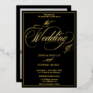 Chic black photo script border wedding gold foil invitation