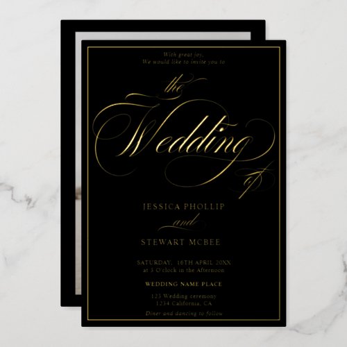 Chic black photo script border wedding gold foil invitation
