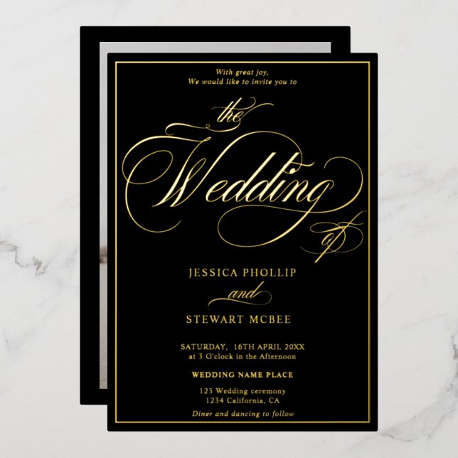 Chic black photo script border wedding gold foil invitation (Front/Back)