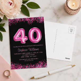 Chic Black Pink 40th Birthday Party Invitation Postcard