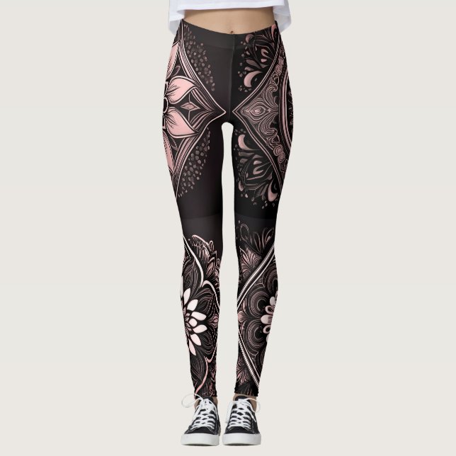 Chic Black Pink and White Mandala Leggings  (Front)