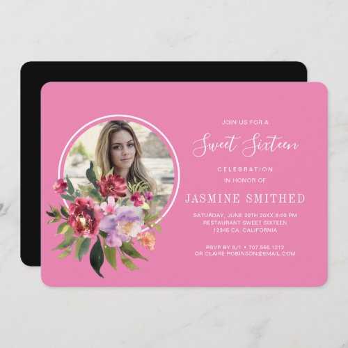 Chic Black Pink Floral Themed Photo Sweet 16 Invitation