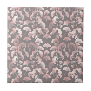 Chic Black Pink Ginkgo Pattern Ceramic Tile
