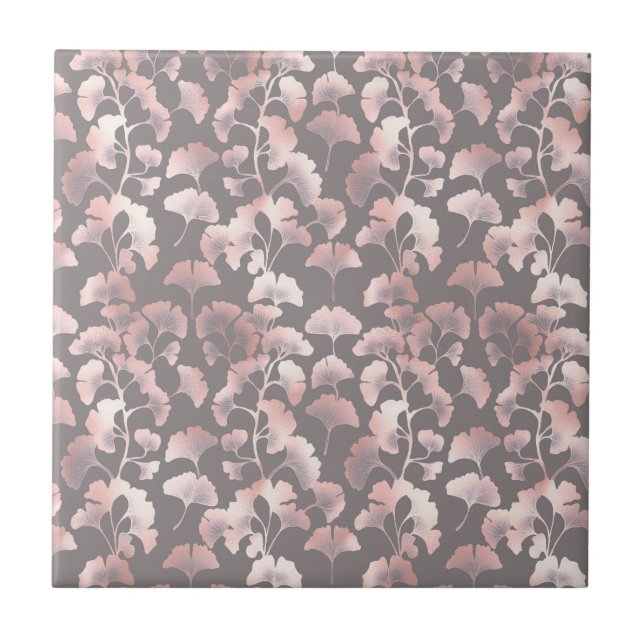 Chic Black Pink Ginkgo Pattern Ceramic Tile (Front)