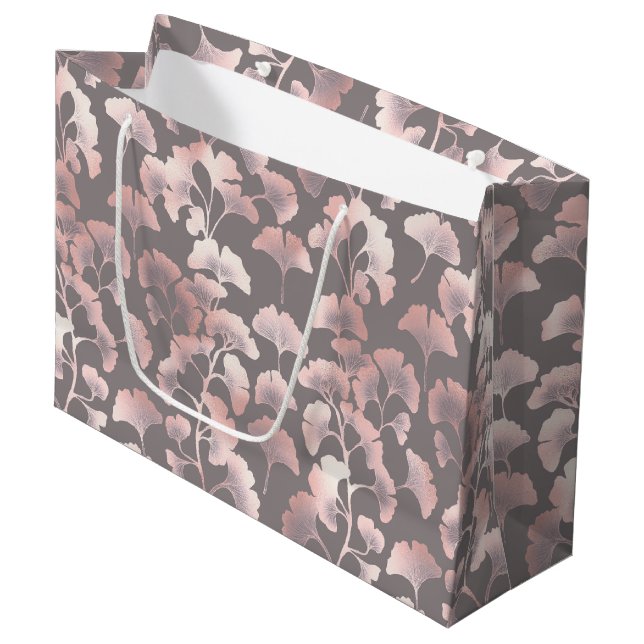 Chic Black Pink Ginkgo Pattern Large Gift Bag (Front Angled)