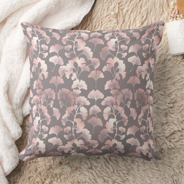 Chic Black Pink Ginkgo Pattern Throw Pillow (Blanket)