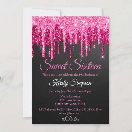 Chic Black Pink Glitter Sweet Sixteen Party Invita Invitation