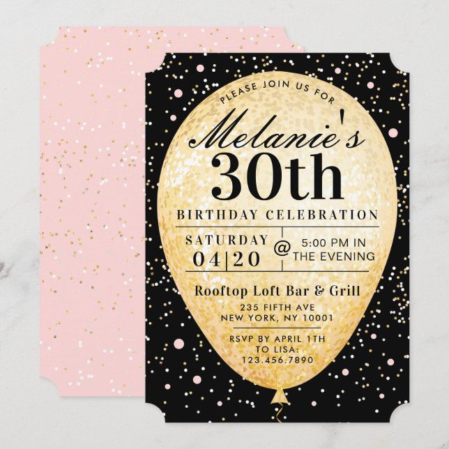 Chic Black Pink & Gold Balloon Birthday Invitation (Front/Back)