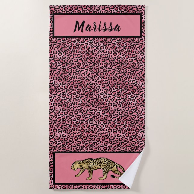 Chic Black Pink Gold Leopard Personalized Beach Towel (Front)
