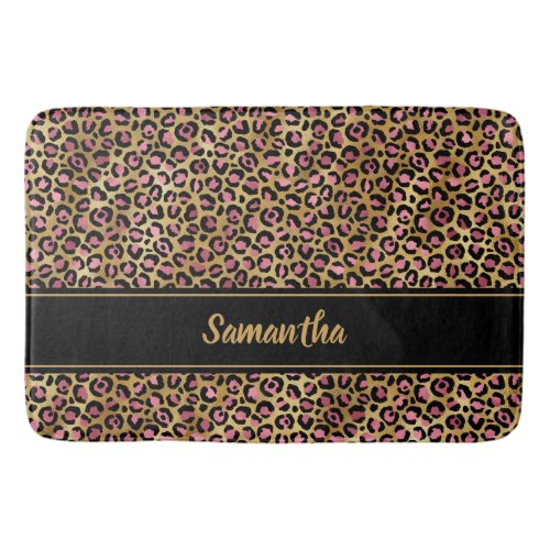 Chic Black Pink Gold Leopard Print Personalized Bath Mat